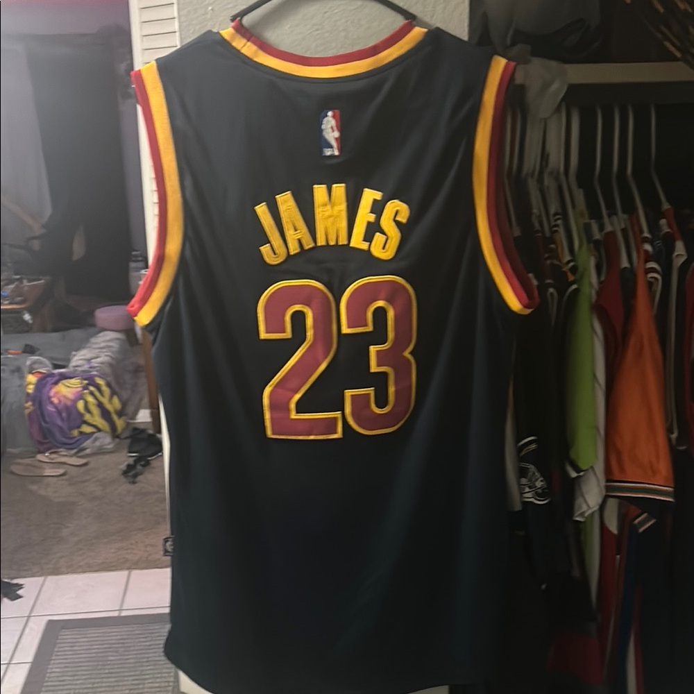 #23 LeBron James Adidas Navy Blue and Red CAVS Jersey size M